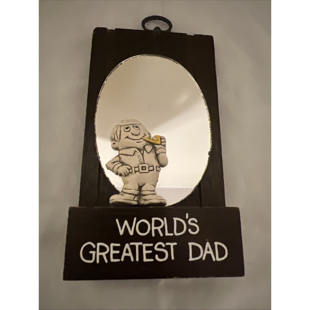 Vintage 1970s Wallace Berrie 6" Wood Mirror Wall Plaque World's Greatest Dad